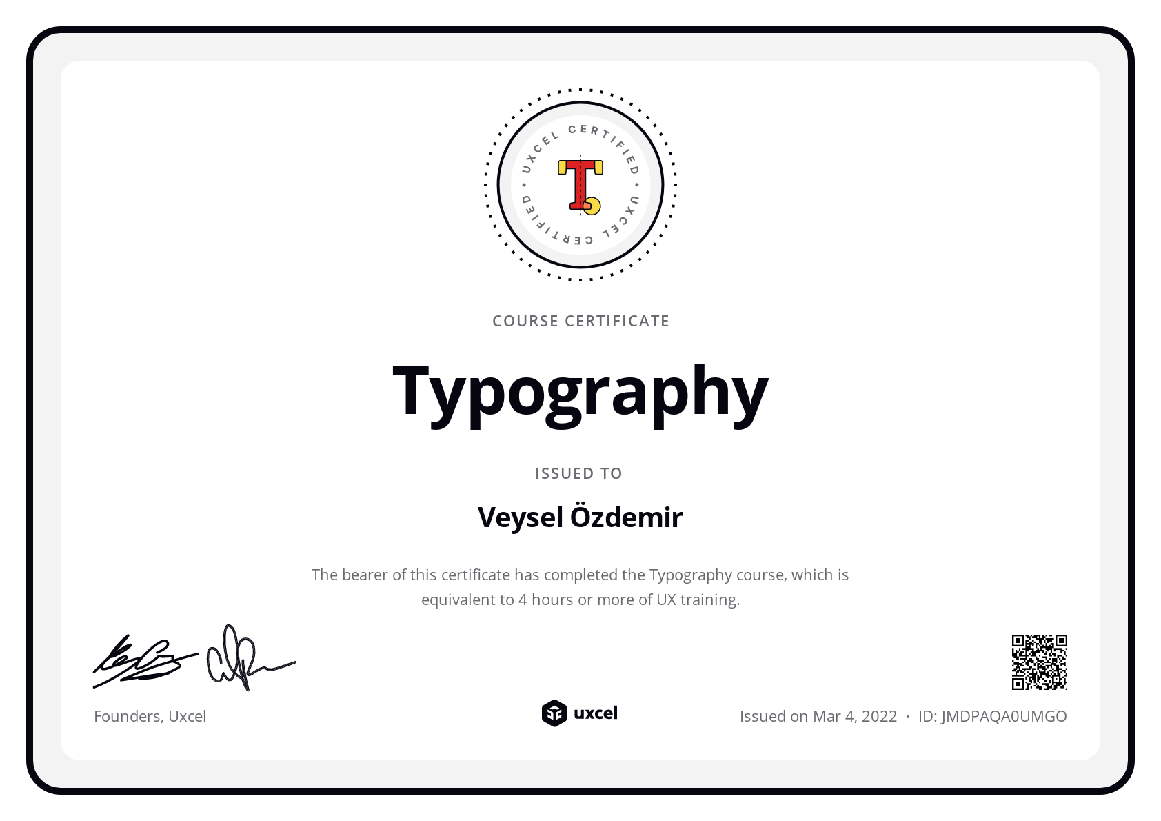 Veysel Özdemir's certificate